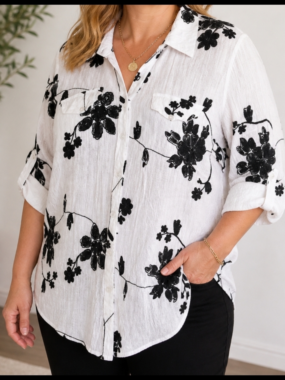 Lauren Michelle White Black Floral Button Down Gauze/ Lightweight Size XL